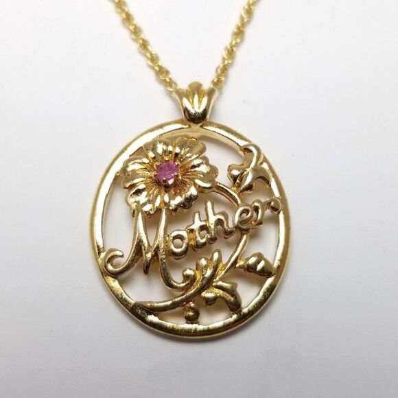 Vintage Mother Pendant Necklace, Floral Design Pink Rhinestone, Gold Tone Chain - Picture 1 of 7